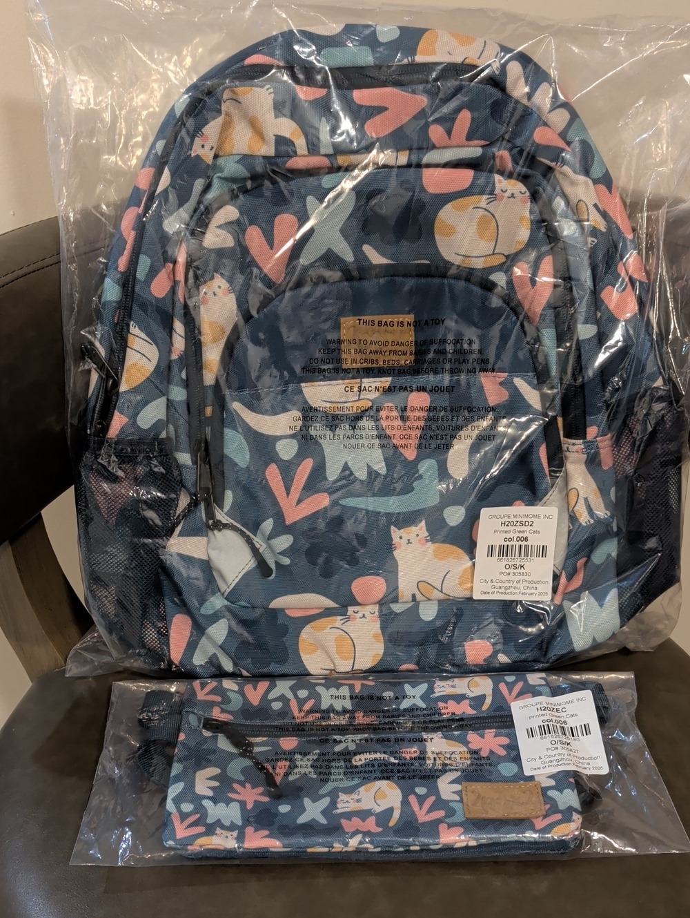 Deux par Deux Little Girl Cat Print Backpack & matching Pencil Case  NWT